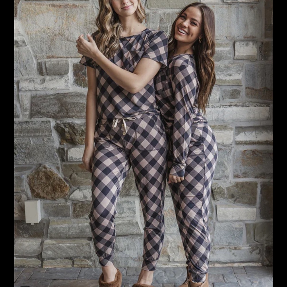 Lates By Kate JAM PANTS SET | Black and Stucco Checkered Long Sleeve NWT